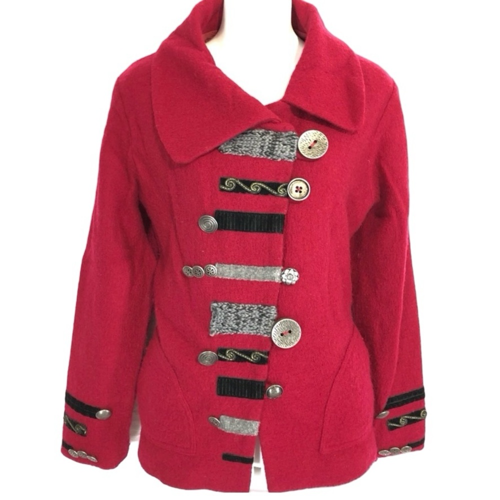 Carson Boiled Wool Red Wearable Art Asymmetrical Button Coat Jacket Size Medium